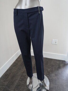Brunello Cucinelli Navy Pants Monili Loop Wool Stretch Straight Leg Pant Size 6